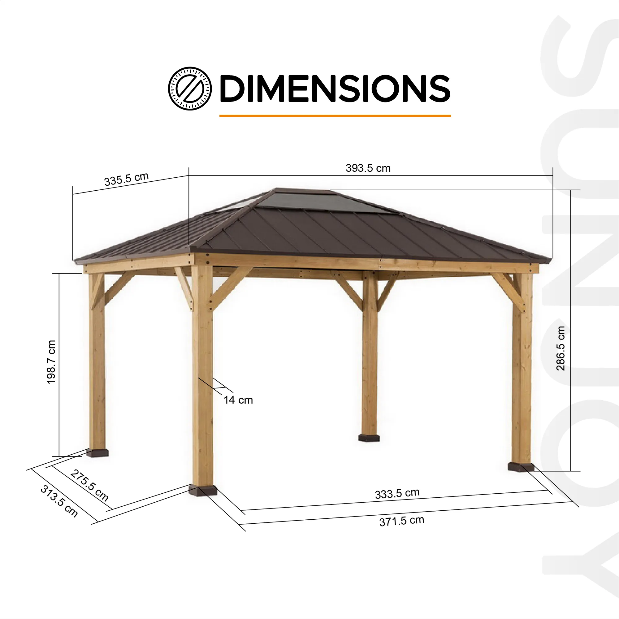 BRURI Cedar Wood Gazebo - 336cm x 394cm - Brown - Image 3