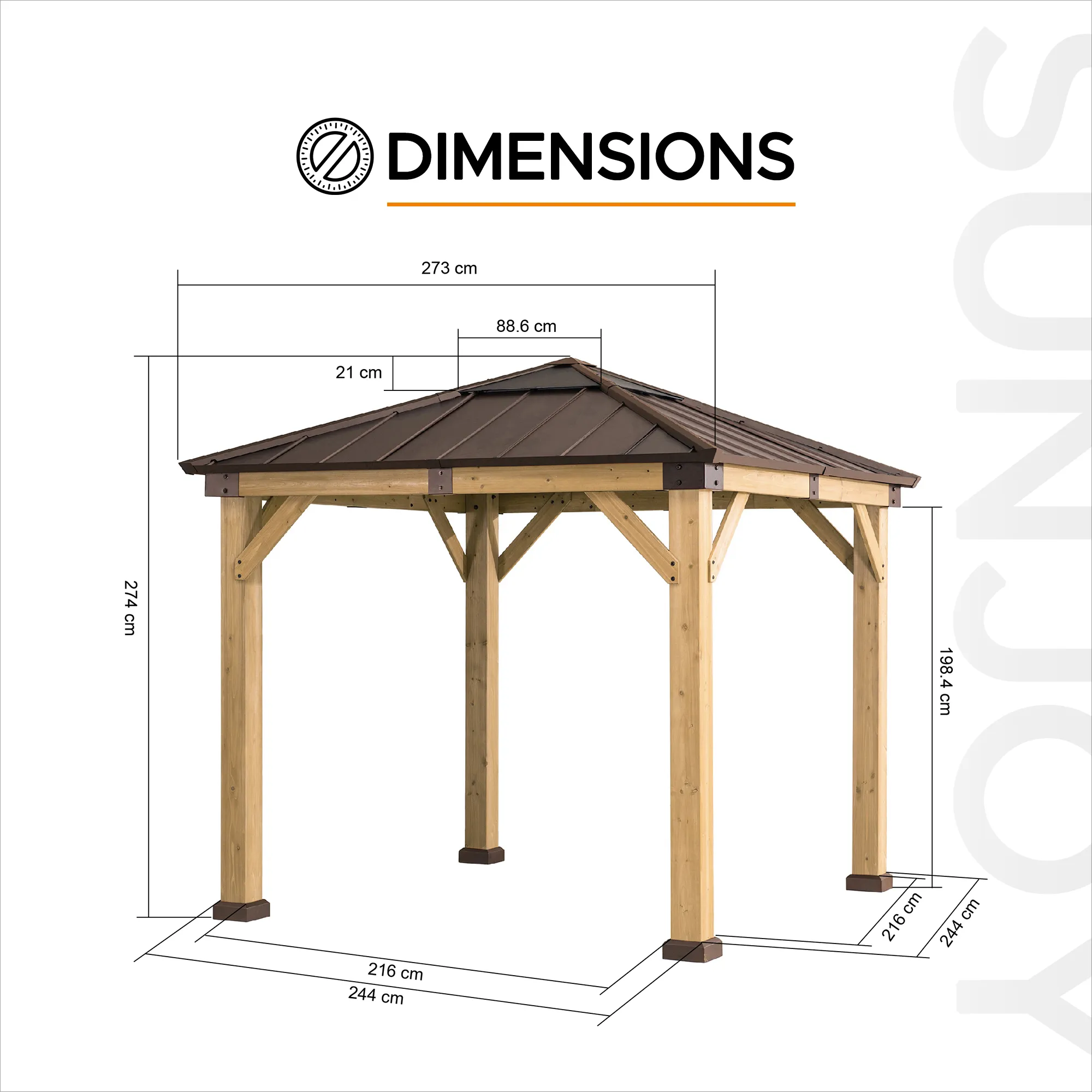 RAPI Cedar Wood Gazebo - 273cm x 273cm - Brown - Image 3