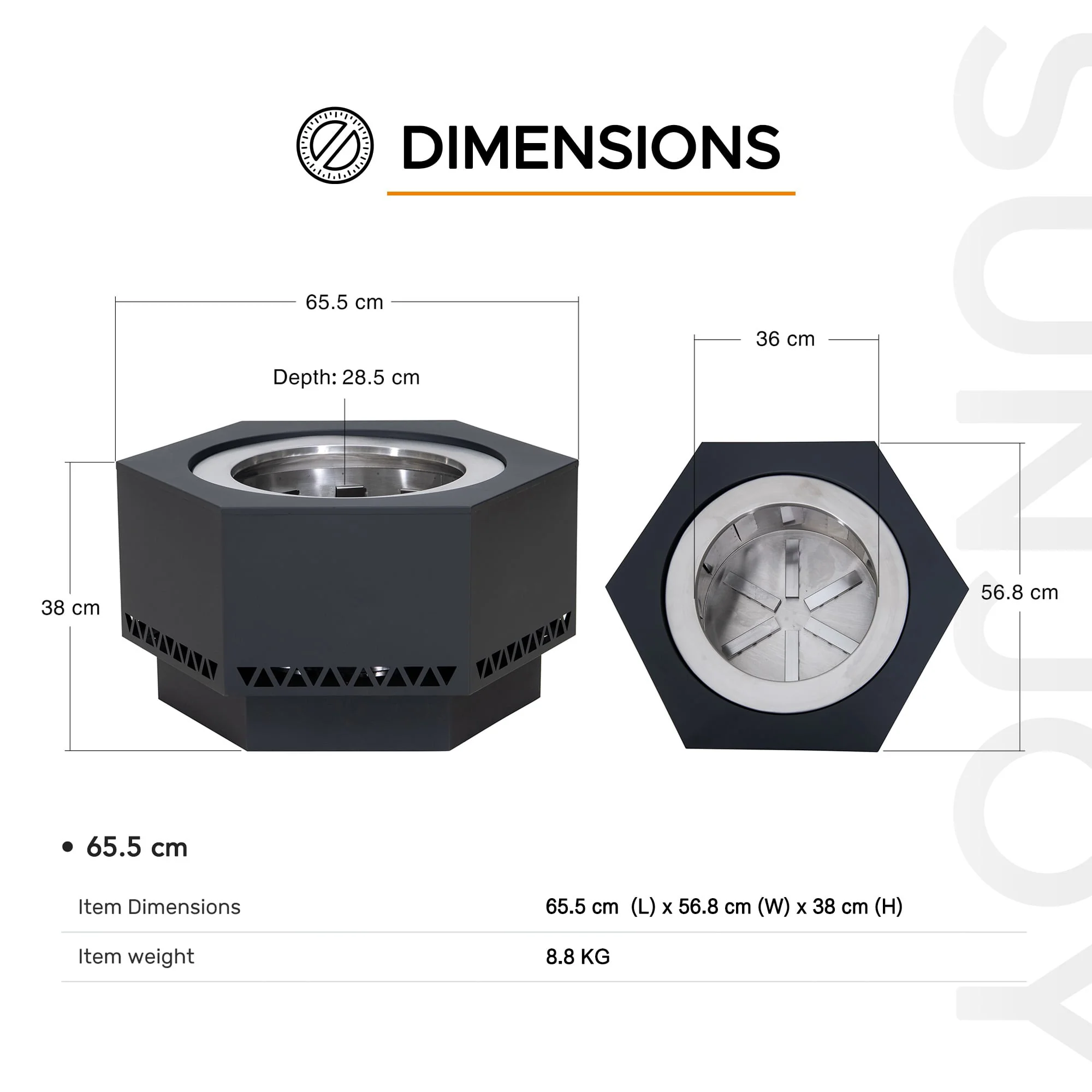 AMIATA Steel Smokeless Fire Pit - 66x57x38cm, Black - Image 3