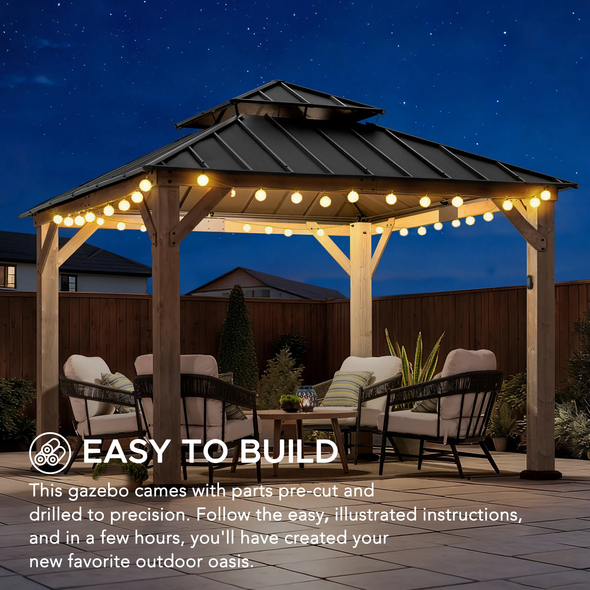 Cedar Wood Gazebo with Solar KAPS - 330cm x 330cm, Brown - Image 12