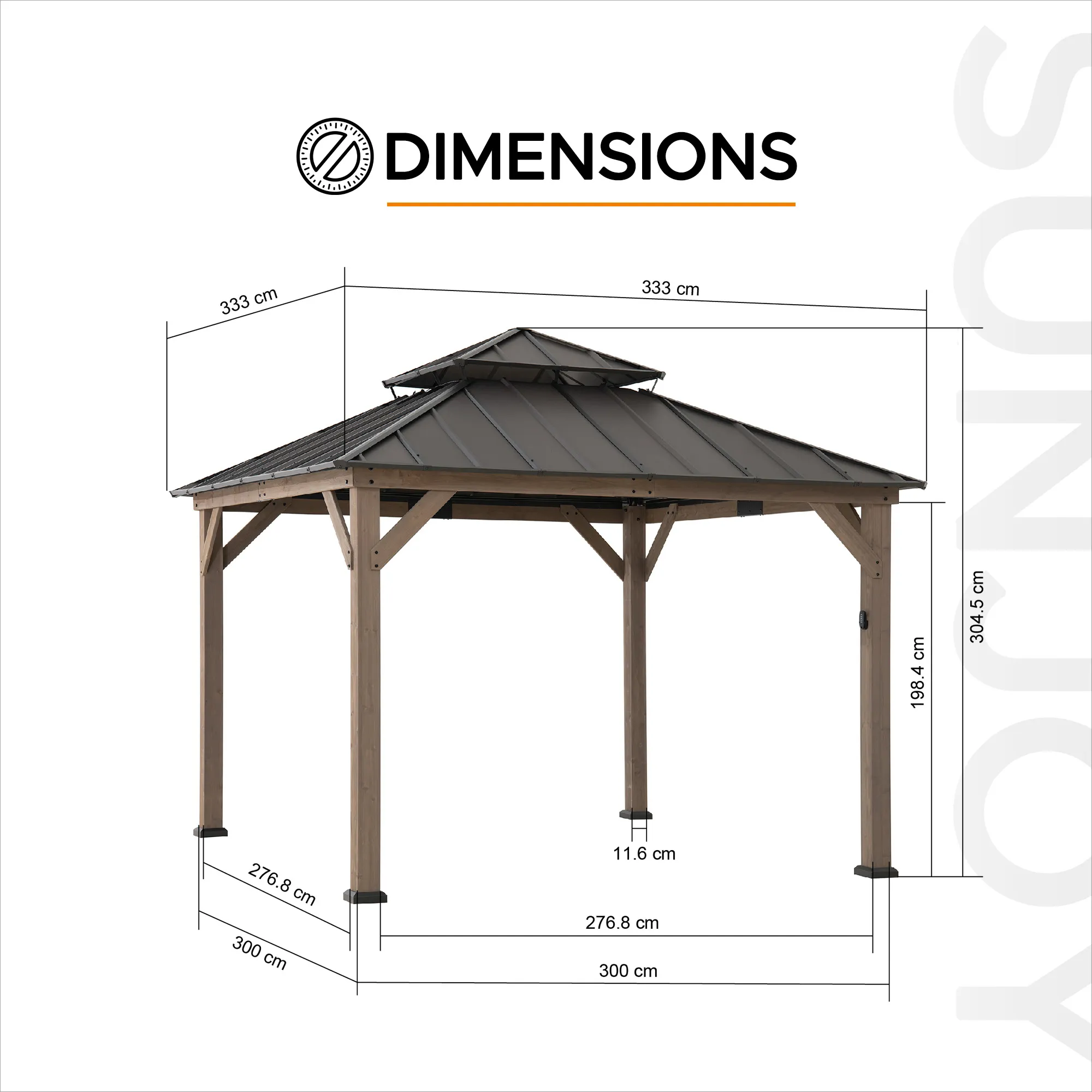 Cedar Wood Gazebo with Solar KAPS - 330cm x 330cm, Brown - Image 3