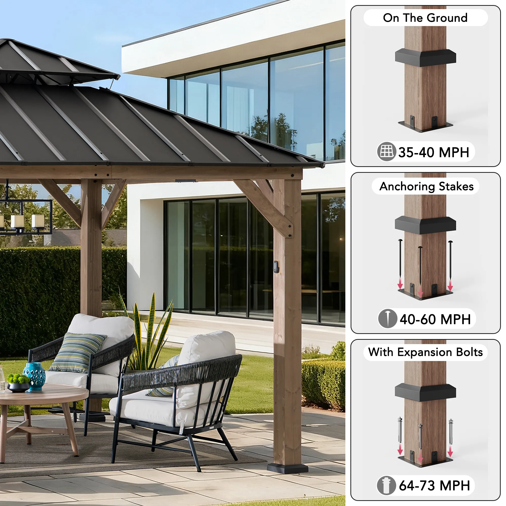 Cedar Wood Gazebo with Solar KAPS - 330cm x 330cm, Brown - Image 6