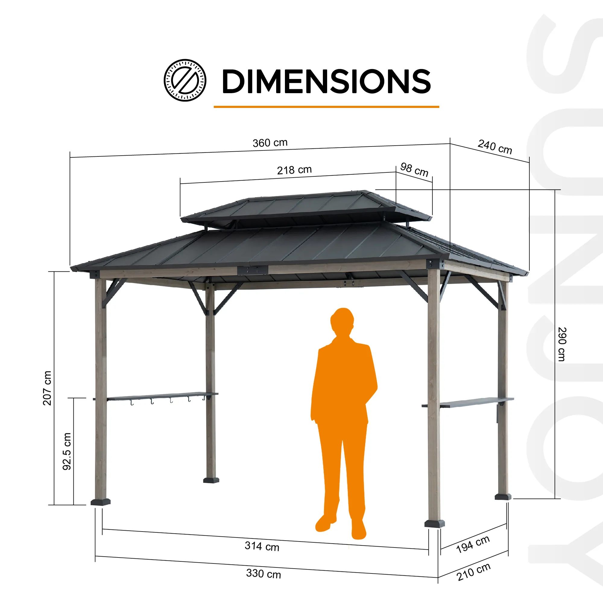 Wood Grill Gazebo with Electrical Outlets & Shelves - 360x240cm, Anthracite - Image 3