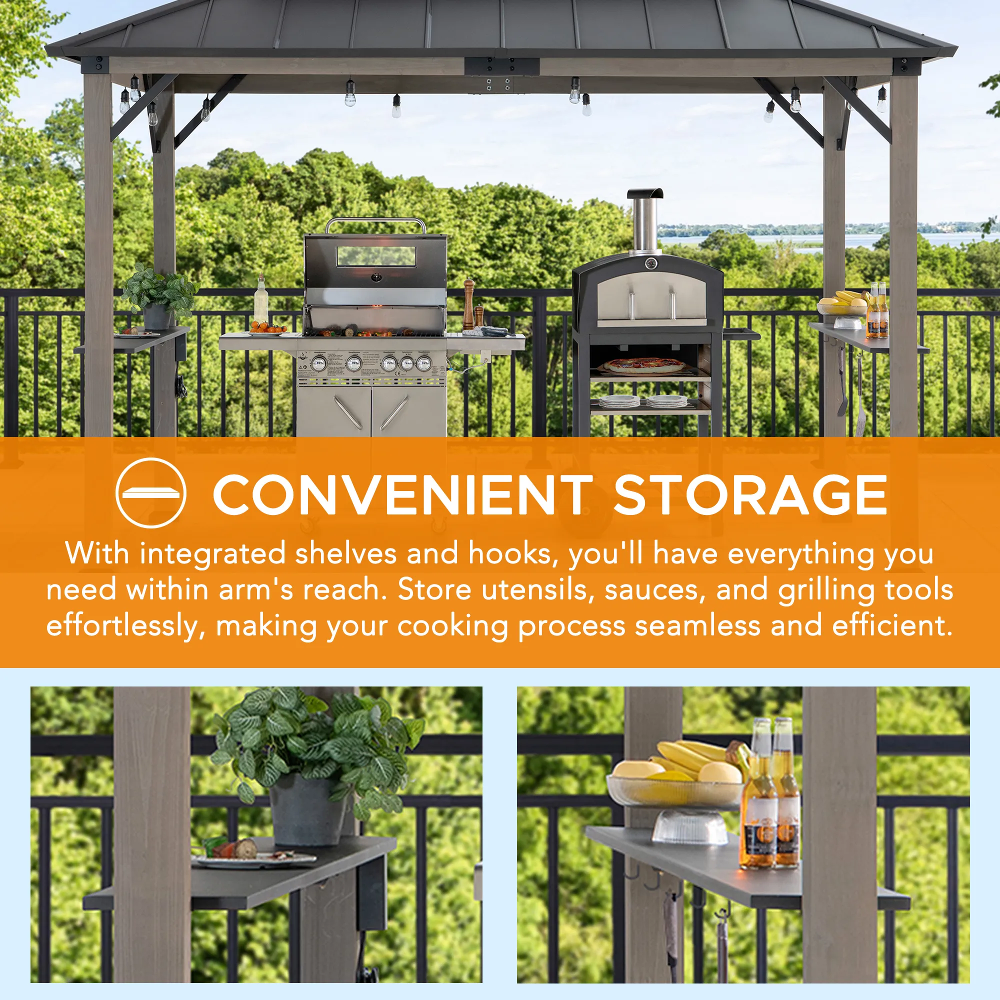 Wood Grill Gazebo with Electrical Outlets & Shelves - 360x240cm, Anthracite - Image 5