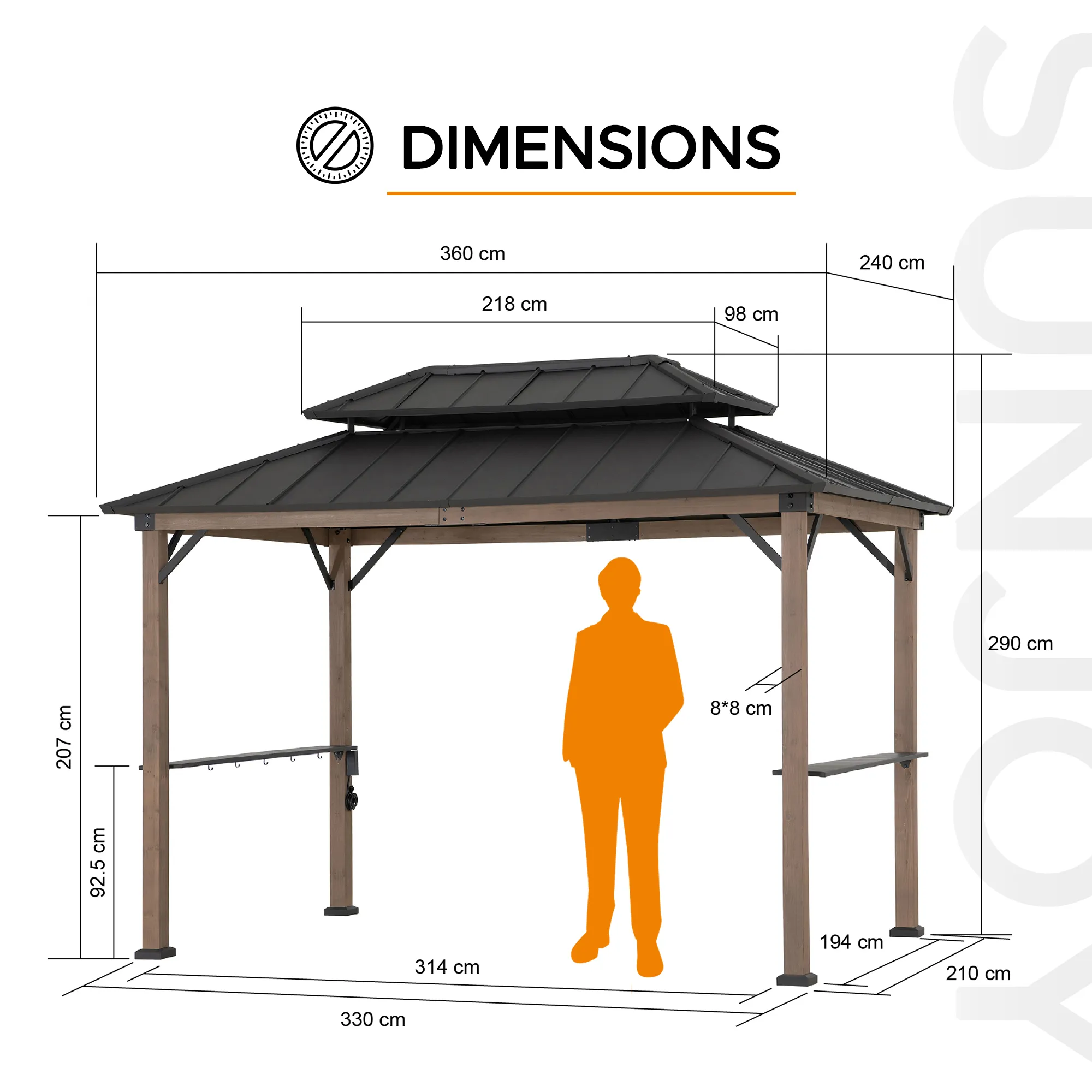 Wood Grill Gazebo with Electrical Outlets & Shelves - 360x240cm, Brown - Image 3