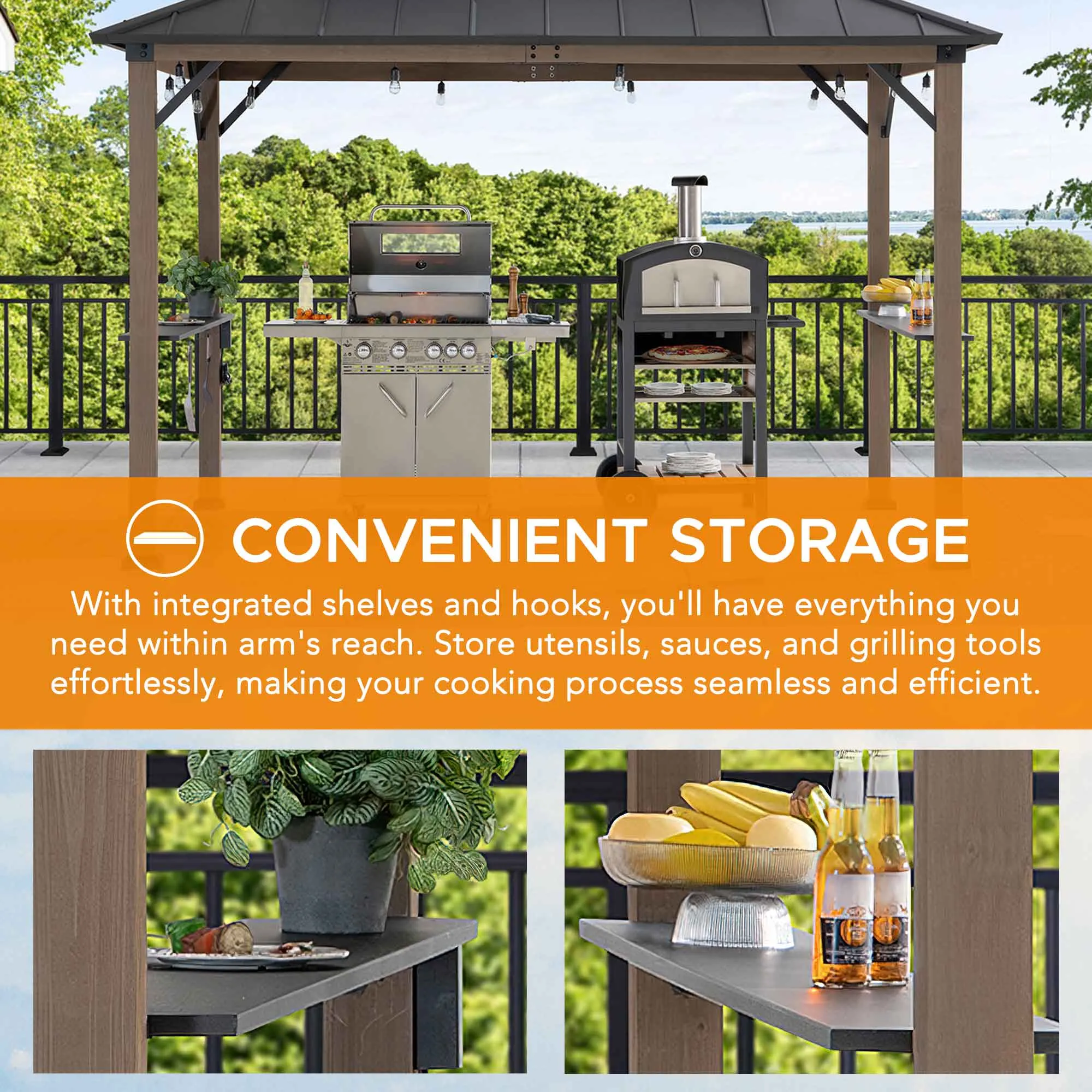 Wood Grill Gazebo with Electrical Outlets & Shelves - 360x240cm, Brown - Image 5